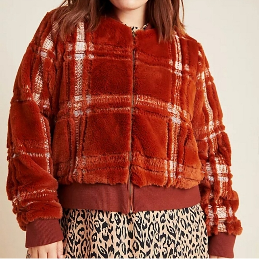 Anthropologie Plaid Teddy Bomber Jacket Sz 1X Rust Brown Fuzzy Zip Up Plush Coat